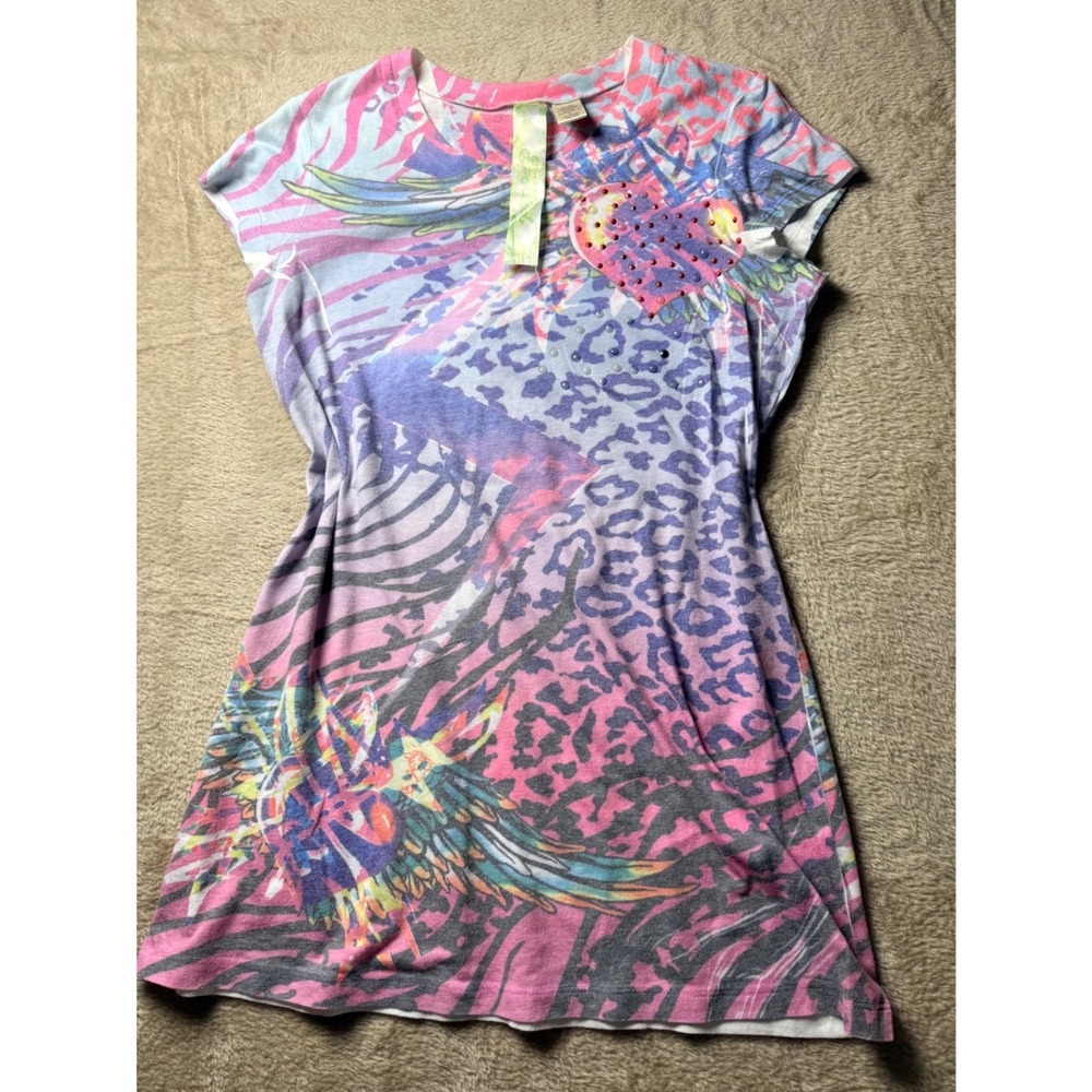 Y2K Spoiled Winged Heart Studded Animal Print Graphic T-Shirt L 2000s Edgy